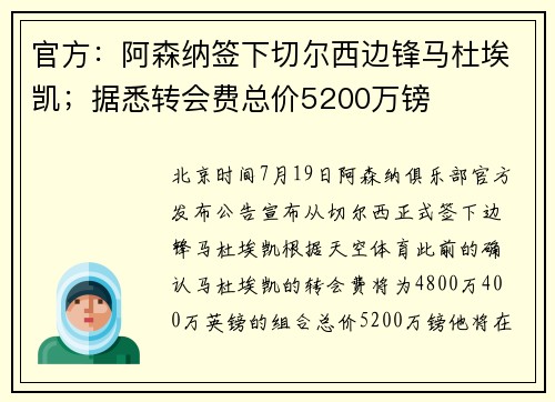 官方：阿森纳签下切尔西边锋马杜埃凯；据悉转会费总价5200万镑